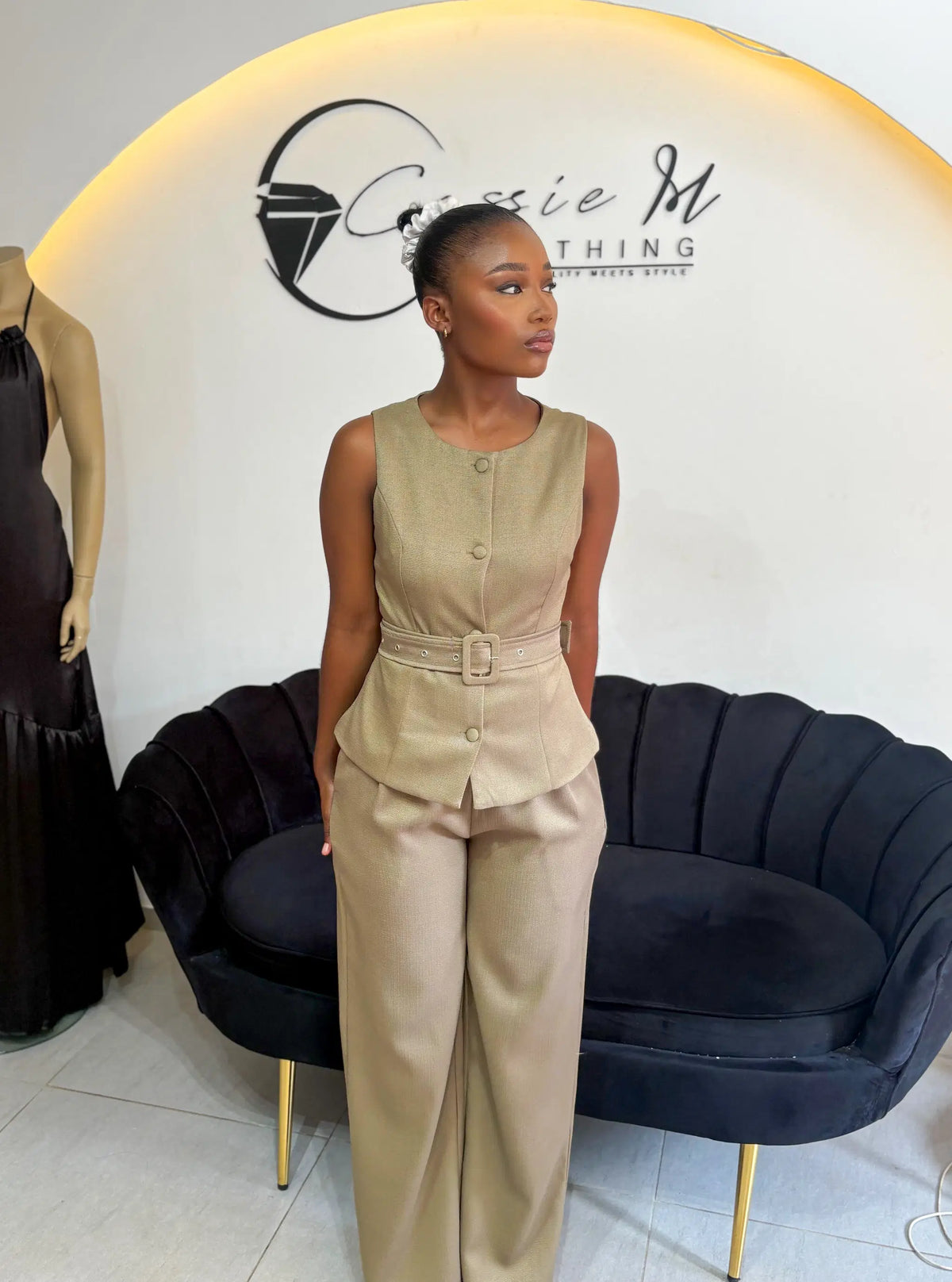 Belted couture suit